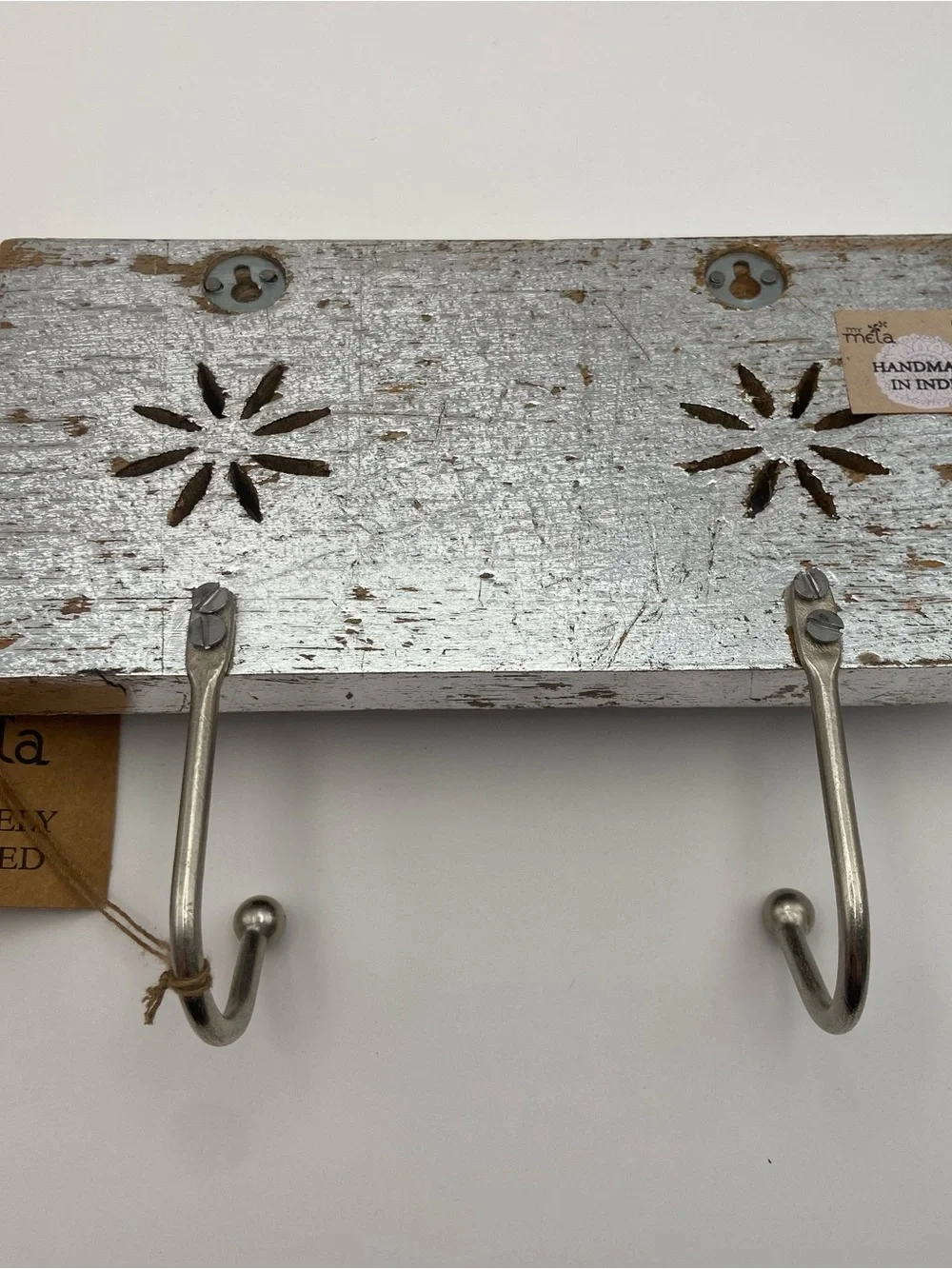 Handmade Silver Wood Wall Coat Rack 2 Hook Floral Carved Entryway NWT India Boho